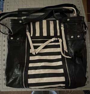 LD Logo Black Faux Leather and Striped Canvas Large Tote Bag